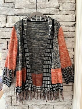THML Coral & Gray Open-Front Fringe Cardigan with Stripe Trim